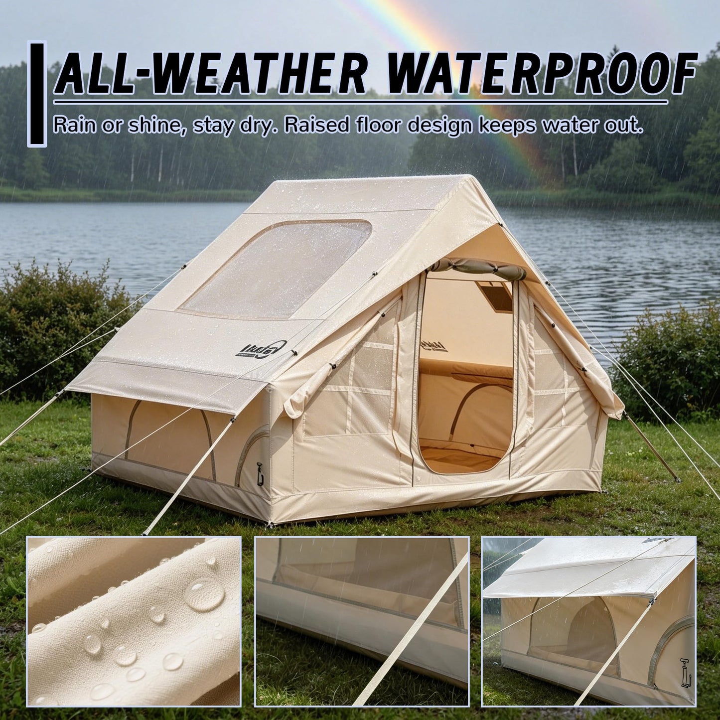 Inflatable Tent for Camping 4-6 Person-Blow Up Tent with Hand Pump-Oxford Waterproof Air Tent with Stove Jack – Portable Hot Tent for Family Glamping, Outdoor Festival（Quick Setup-5 Min for 4 Season）