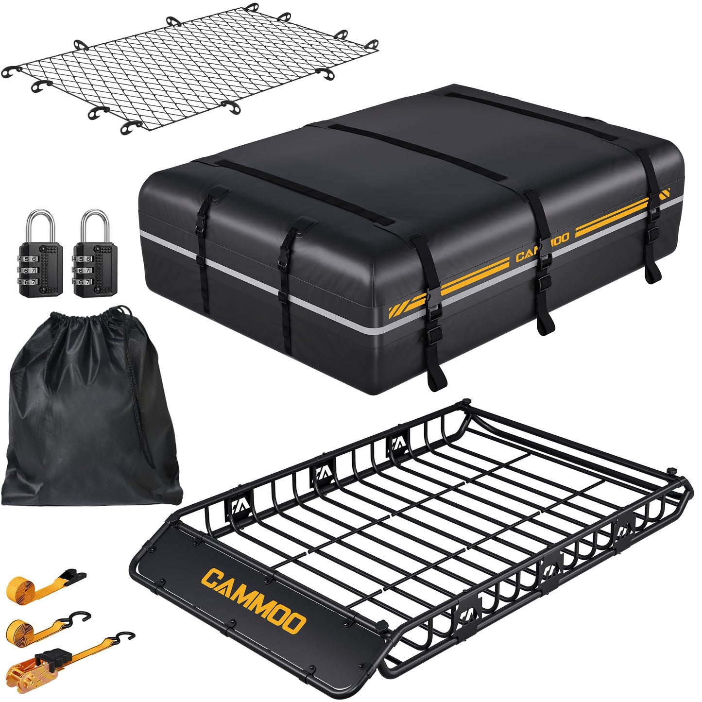 CAMMOO 64"x39" Roof Rack Basket, Removable Fairing & Support Bars for Kayaks/Long Gear, 20 Cu.Ft Waterproof Soft Bag+Lock+Net+Strap–200Lbs Capacity Car Roof Cargo Carrier for SUV Truck Camping