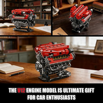 V12 Engine Model Kit That Runs 12-Cylinder Sports Car Engine Building Set with Rechargeable Motor Compatible with Lego for Adults Engineering Construction STEM Toy for Teens (1607 PCS)