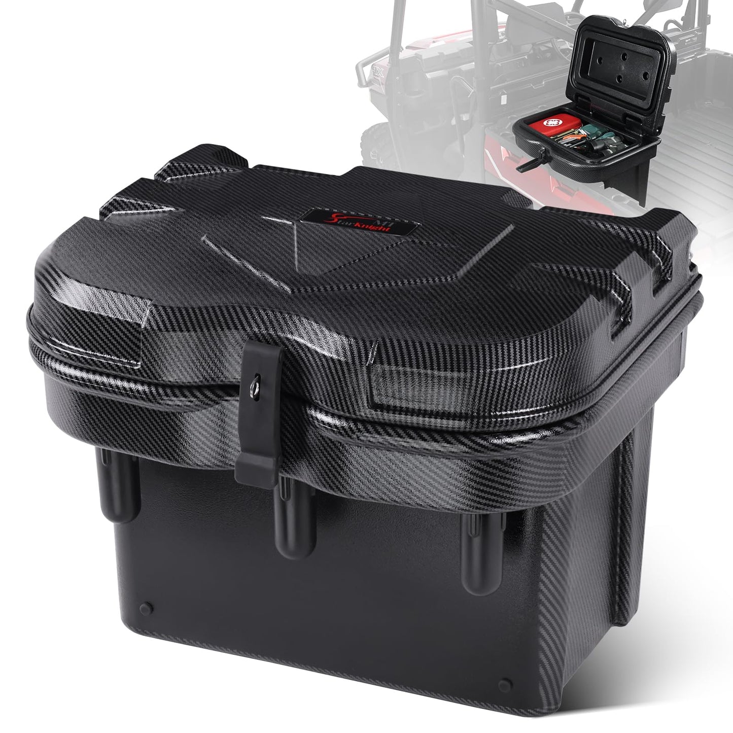 StarknightMT 24L Carbon Fiber Bed Storage Box, Lockable Off-Road Cargo Organizer Compatible with 2016-2026 Polaris Ranger 500/570/900/1000 XP & General 1000, Heavy-Duty