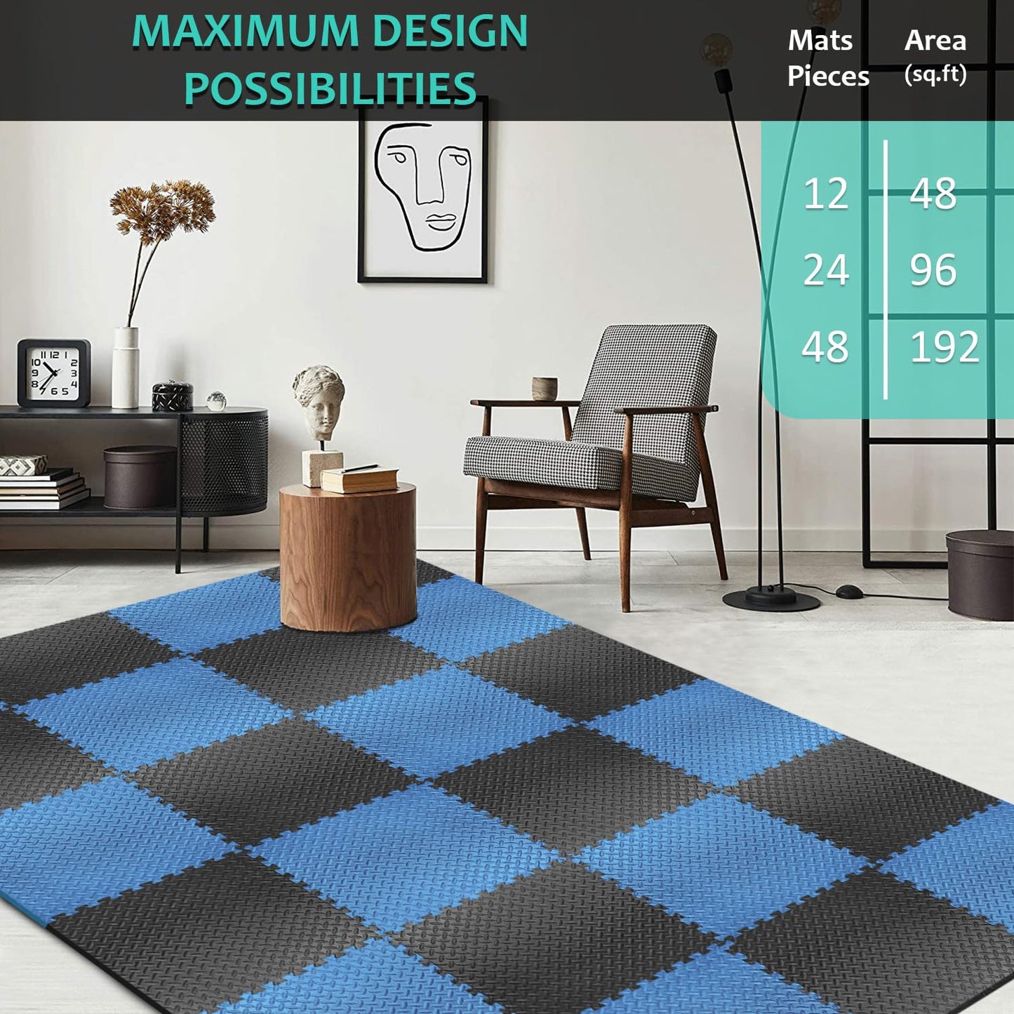 BEAUTYOVO Puzzle Exercise Mat With 24 Interlocking Foam Tiles, 24'' x 24'' EVA Floor Tiles, Protective Flooring for Gym Equipment (96 Sq.Ft - Black&Blue)