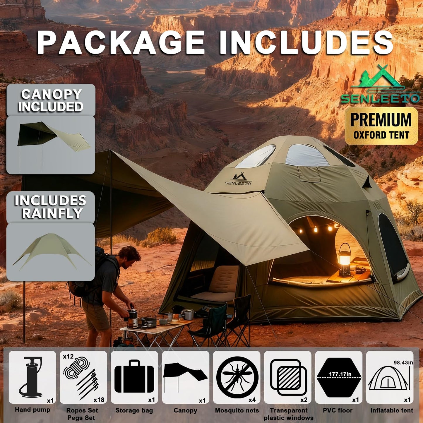 SENLEETO Inflatable Hot Tent with Stove Jack, 6-8 People Luxury 4 Season Inflatable Tents for Camping with Waterproof Large Black-Out Canopy/Rainfly, Glamping Inflatable Tent House Air Tents