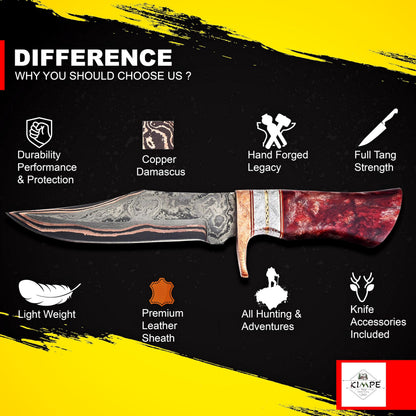 KIMPE Handmade Copper Damascus Hunting Knife – 11.5” Fixed Blade Bushcraft Knife with Engraved Guard, Resin Handle, Full Tang, Leather Sheath – Outdoor Survival, Camping & Gift Knife.