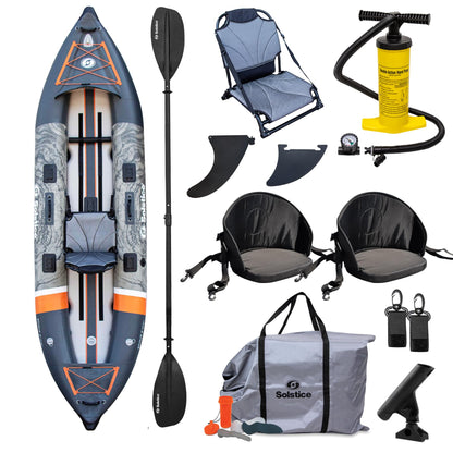 Solstice Inflatable Kayak Boat – Durable, Portable & Adventure-Ready, Heavy Duty PVC – Adjustable Seats, Accessory Mounts, Skeg & Pump Included, Fishing, 1-2 Person Tandem, Scout, Camo, 12'6"