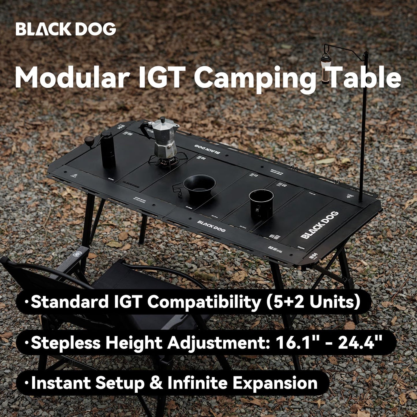 BLACKDOG Modular IGT Camping Table with Center-Folding Design, 4.5 Unit Aluminum Outdoor Kitchen Table, Adjustable Height 16"-24", Portable Folding Camp Table with Side Rails & 7 Expandable Plates