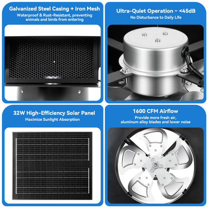 32W Solar Powered Attic Exhaust Fan with 10" Roof Vent - IP68 Waterproof DIY Ventilation System to Lower Heat, Prevent Moisture & Save AC Costs - Off-Grid Cooling for House, Garage,Shed & Greenhouse