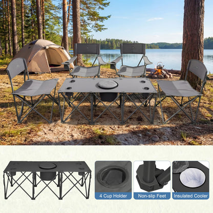 Camping Chair Set of 5,Outdoor Folding Lawn Chairs with Table for Adults,Heavy Duty Collapsible Chair Include Four Single Chairs and Camping Table with Cooler Bag for Travel Fishing Sport Picnic,Grey