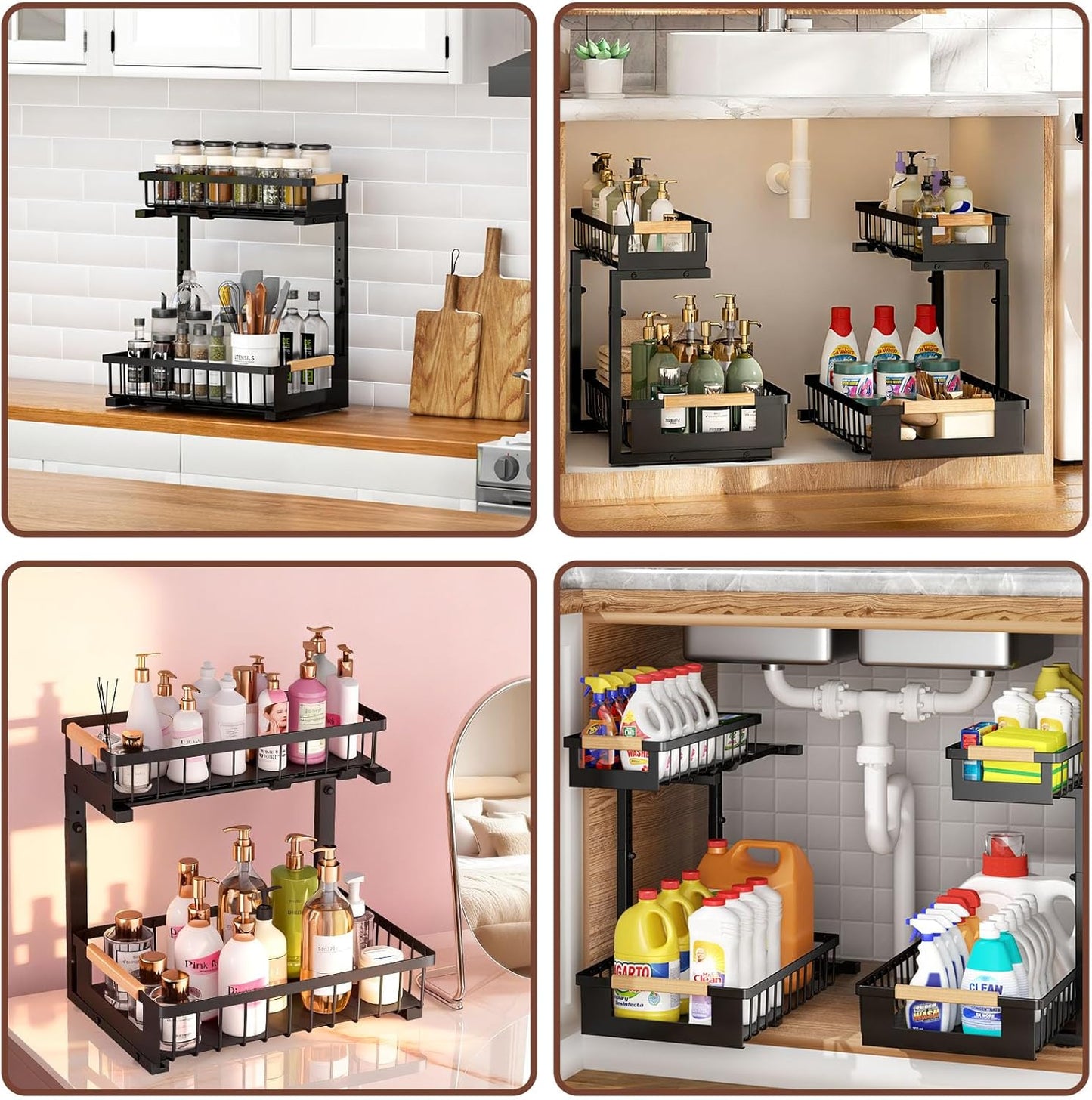 Under Sink Organizer - L-Shape 2-Tier Pull-Out Cabinet Storage Rack | Adjustable Height, Black, 2 Pack