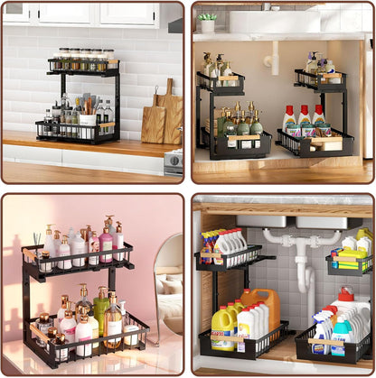 Under Sink Organizer - L-Shape 2-Tier Pull-Out Cabinet Storage Rack | Adjustable Height, Black, 2 Pack