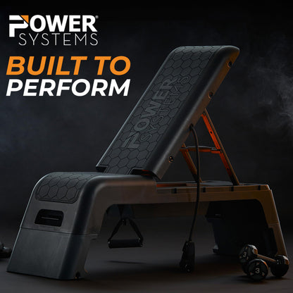 Power Systems Step Bench & Weight Bench | Aerobic Platform & Plyo Box for Cardio, Strength | Commercial Grade Full Body Home Gym Stepper | Adjustable Multifunctional Deck & Resistance Band Clips