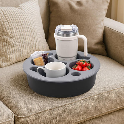 Couch Cup Holder Tray Round, Bonfixe 4-Cups Bedside Drink Holder for Elderly/Pregnancy, Stable Non-Spill Silicone Couch Caddy for Remote Control, Glasses‌, Snacks, Phones‌ (Black)