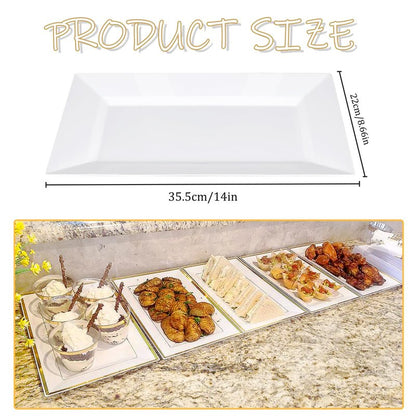 Mwellewm 12 Pcs White Plastic Serving Trays, 14''x9'' Rectangle Dessert Trays for Dessert Table, Party Food Display Set Disposable Platters Cookie Cupcake Gold Serving Tray for Birthday Party Wedding