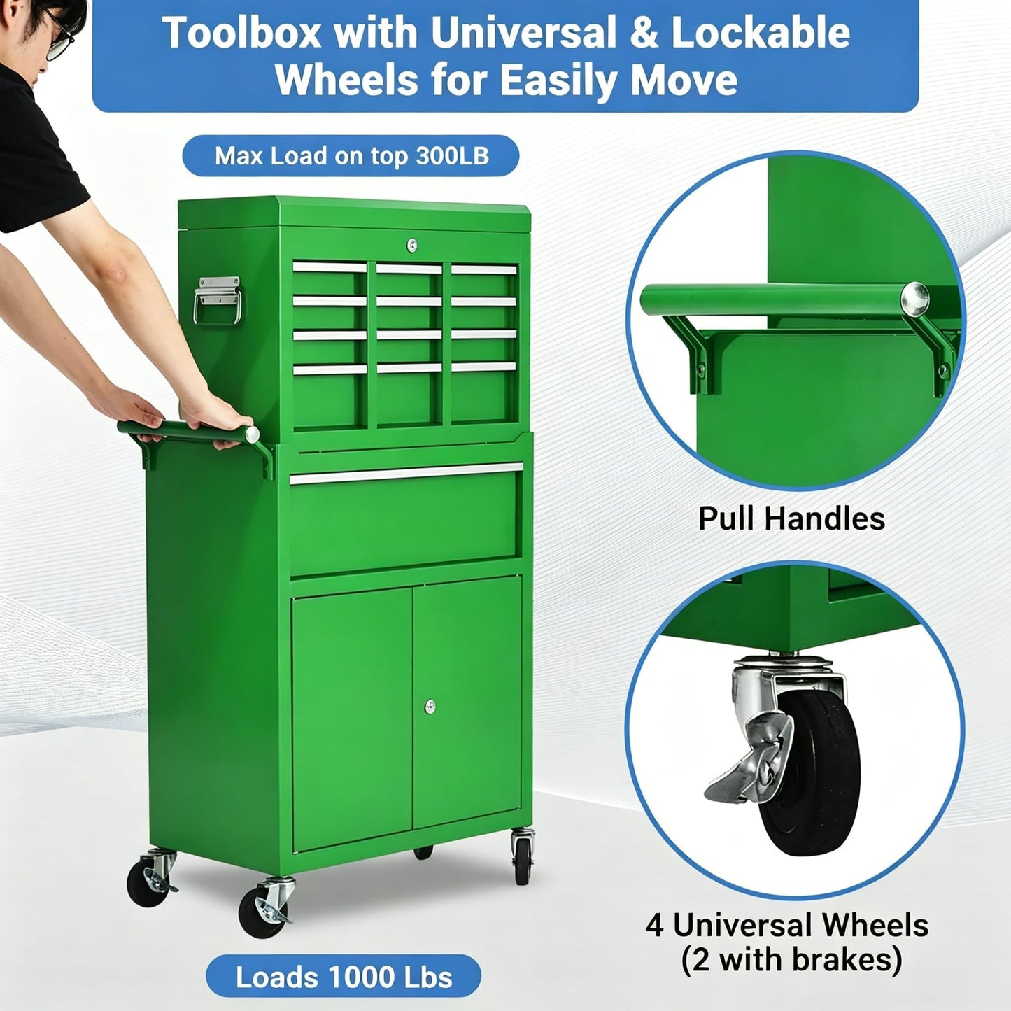 PeakPursuit Rolling Tool Chest, 5 Drawer Heavy Duty Mobile Tool Cart with Locking Wheels and Ball Bearing Slides, Garage Tool Storage Cabinet, Metal Tool Box on Wheels, Green
