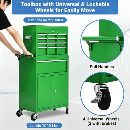 PeakPursuit Rolling Tool Chest, 5 Drawer Heavy Duty Mobile Tool Cart with Locking Wheels and Ball Bearing Slides, Garage Tool Storage Cabinet, Metal Tool Box on Wheels, Green