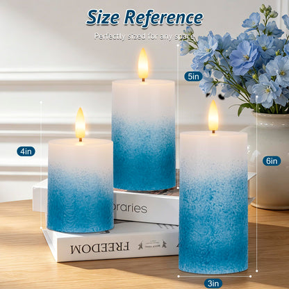 AFINETH Blue Gradient Flameless Pillar Candles, Real Wax LED Candles with Remote & Timer, Battery Operated Decorative Candles for Coastal Home Decor, Set of 3