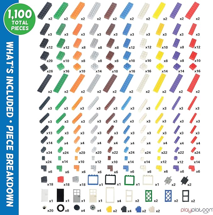 Play Platoon 1100 Pieces Building Bricks Set - 10 Classic Color Blocks - Bulk Building Blocks Compatible with Major Brands 14 Different Shape Bricks - Includes Wheels Tires Axles Windows &amp Doo