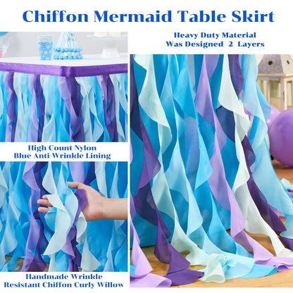 Partisky Mermaid Tulle Tutu Ruffle Curly Willow Table Skirt for Rectangle Table 14ft, Mermaid Themed Party Table Cloth for Girls Birthday Party or Baby Shower