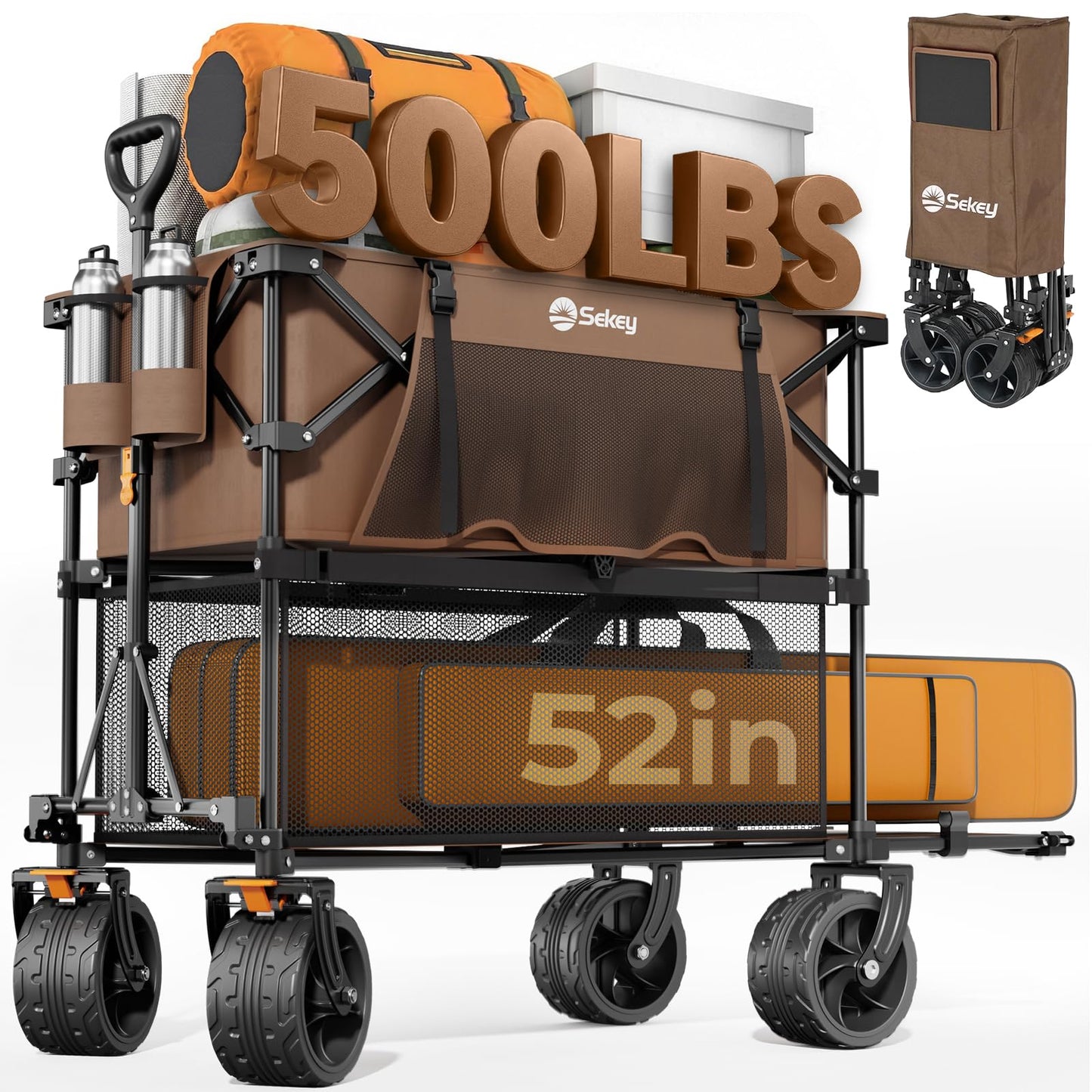 Sekey 500LBS Heavy Duty Double Decker Wagon with Extender, 400L Large Capacity Collapsible Garden Cart Fits 10x10 Canopy, All-Terrain Big Wheels with Brakes, Foldable Utility Wagon for Sports, Camping