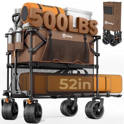 Sekey 500LBS Heavy Duty Double Decker Wagon with Extender, 400L Large Capacity Collapsible Garden Cart Fits 10x10 Canopy, All-Terrain Big Wheels with Brakes, Foldable Utility Wagon for Sports, Camping