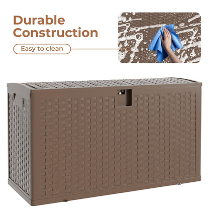 Hetoy 99 Gallon Resin Deck Storage Box, Waterproof Weather-Resistant Outdoor Storage Bin, Lockable Design for Patio Cushions, Garden Tools and Package Delivery, Brown