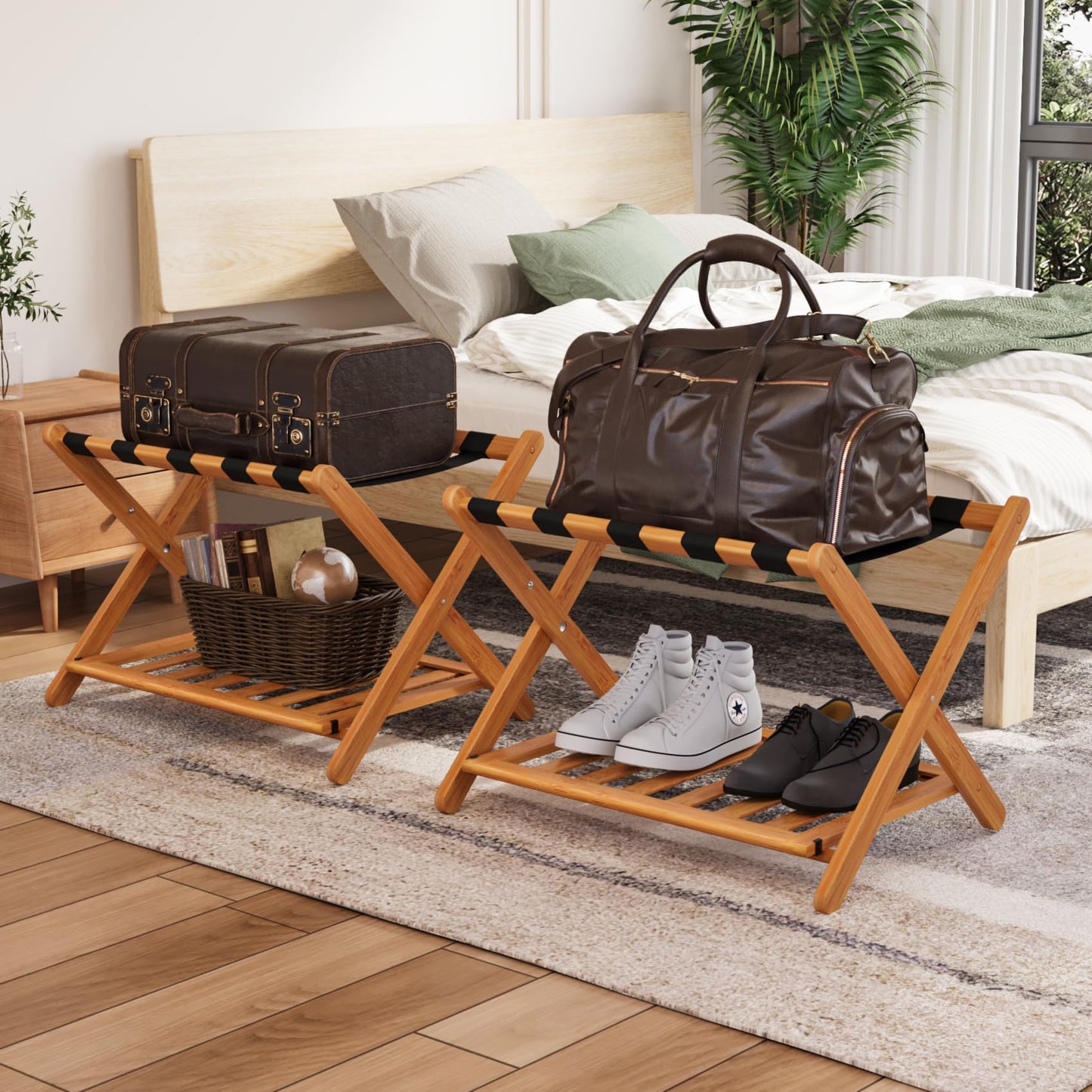 Smuxee Fully Assembled Honey Luggage Racks Pack of 2, Upgraded Bamboo Foldable Suitcase Stand with 5 Nylon Straps, Luggage Holder with Shelf for Guest Room Bedroom Hotel