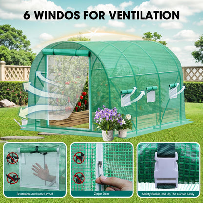 Grezone Walk-in Greenhouse Upgraded Green House with Dual Zippered Screen Doors & 6 Screen Windows Heavy Duty Plastic Plant Warm House with Reinforced Frame (10x7x7 FT)
