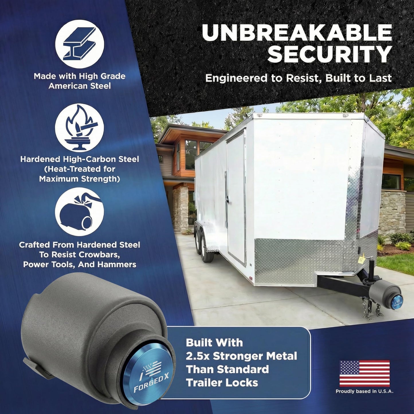 FORGEDX Trailer Lock Heavy Duty Anti Theft, Fits 2 5/16-Inch Couplers, Secures Safety Chains, for Trailers, RVs, and Boats, Stainless Shield Pro,Blue