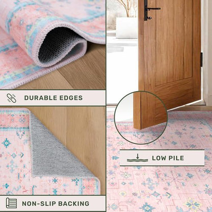 Hazo Haus Nursery Area Rug - Charming Pink Boho Vintage Design | Washable 4x6 Non-Slip Rug for Kids Rooms