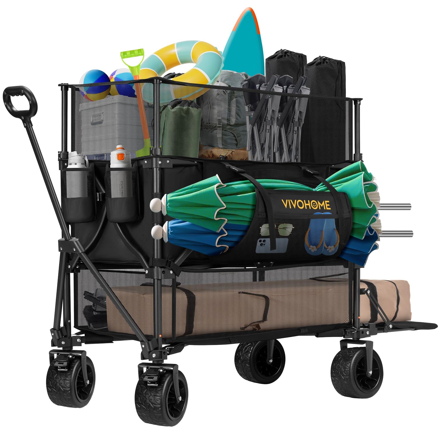 VIVOHOME 500L Large Capacity Double Decker Collapsible Wagon 500lbs Heavy Duty Utility Folding Cart with Big Wheels 53" Extended for Camping, Sports