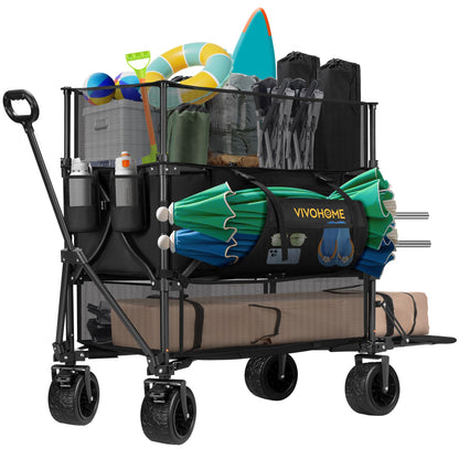 VIVOHOME 500L Large Capacity Double Decker Collapsible Wagon 500lbs Heavy Duty Utility Folding Cart with Big Wheels 53" Extended for Camping, Sports