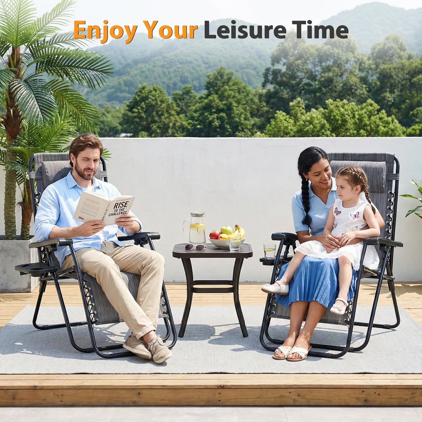 HAPPYMONT Zero Gravity Chair Set of 2, Adjustable Folding Reclining Lounge Chairs with Mesh Back, Adjustable Pillows & Cup Holder Trays, Outdoor Patio Lawn Chairs for Pool, Beach & Camping, Grey