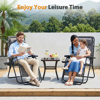 HAPPYMONT Zero Gravity Chair Set of 2, Adjustable Folding Reclining Lounge Chairs with Mesh Back, Adjustable Pillows & Cup Holder Trays, Outdoor Patio Lawn Chairs for Pool, Beach & Camping, Grey