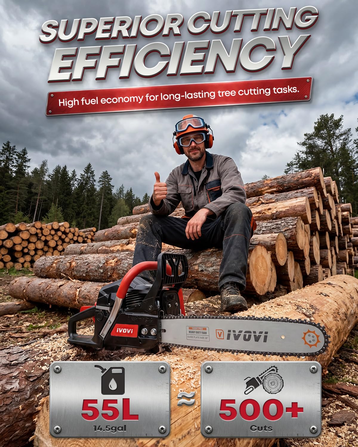 IVOVI 63CC Gas Powered Chainsaw with 20 and 18 Inch Bars, 3.7HP 2-Cycle Engine for Tree Felling, Logging and Firewood Preparation, Includes Portable Carrying Pouch and Tool Kit (Yello)