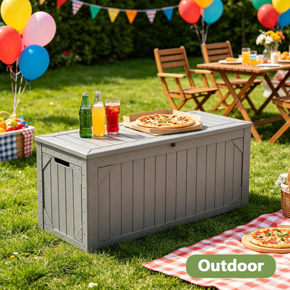 MAKE CHANGES Outdoor Storage Box, 95 Gallon Deck Box Outdoor Storage Bench, Outside Waterproof Resin Storage Bench, Lockable Patio Cushions, Garden Tools Storage for Furniture, UV Resistant (Gray)