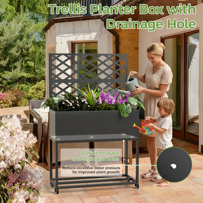 Diyfire Metal Planter Box with Trellis, 55"x35"x16"Metal Raised Garden Bed with Drainage Holes, Raised Garden Beds Outdoor, Privacy Planters Trellis for Climbing Plants, Patio,Garden, Wheels, Black
