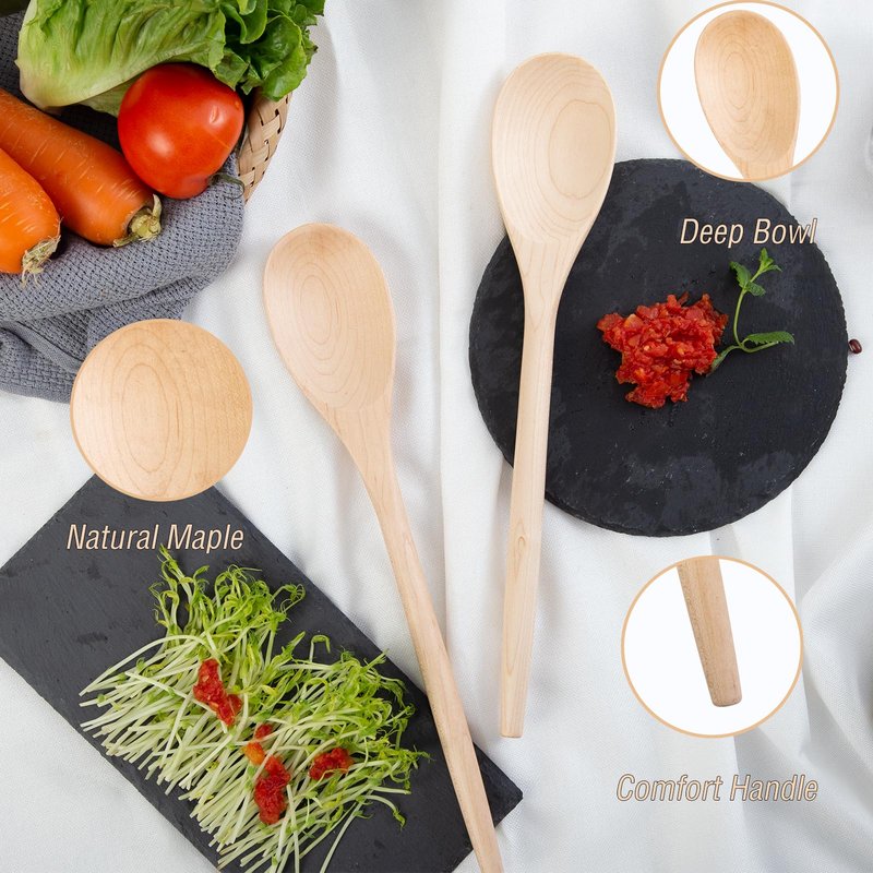 2PCS Wooden Cooking Spoons, 14 Inch Maple Wooden Spoons for Cooking or Mixing Salad, Wooden Spoons Cooking for Stirring Sauce Soup Nonstick Spoon Kitchen Serving Utensil Long Handle with Smooth Finish