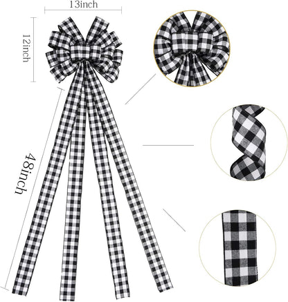 Regine Switzerland Christmas Tree Topper - Large Black and White Plaid Bow | 48x13 Inches Decorative Accent