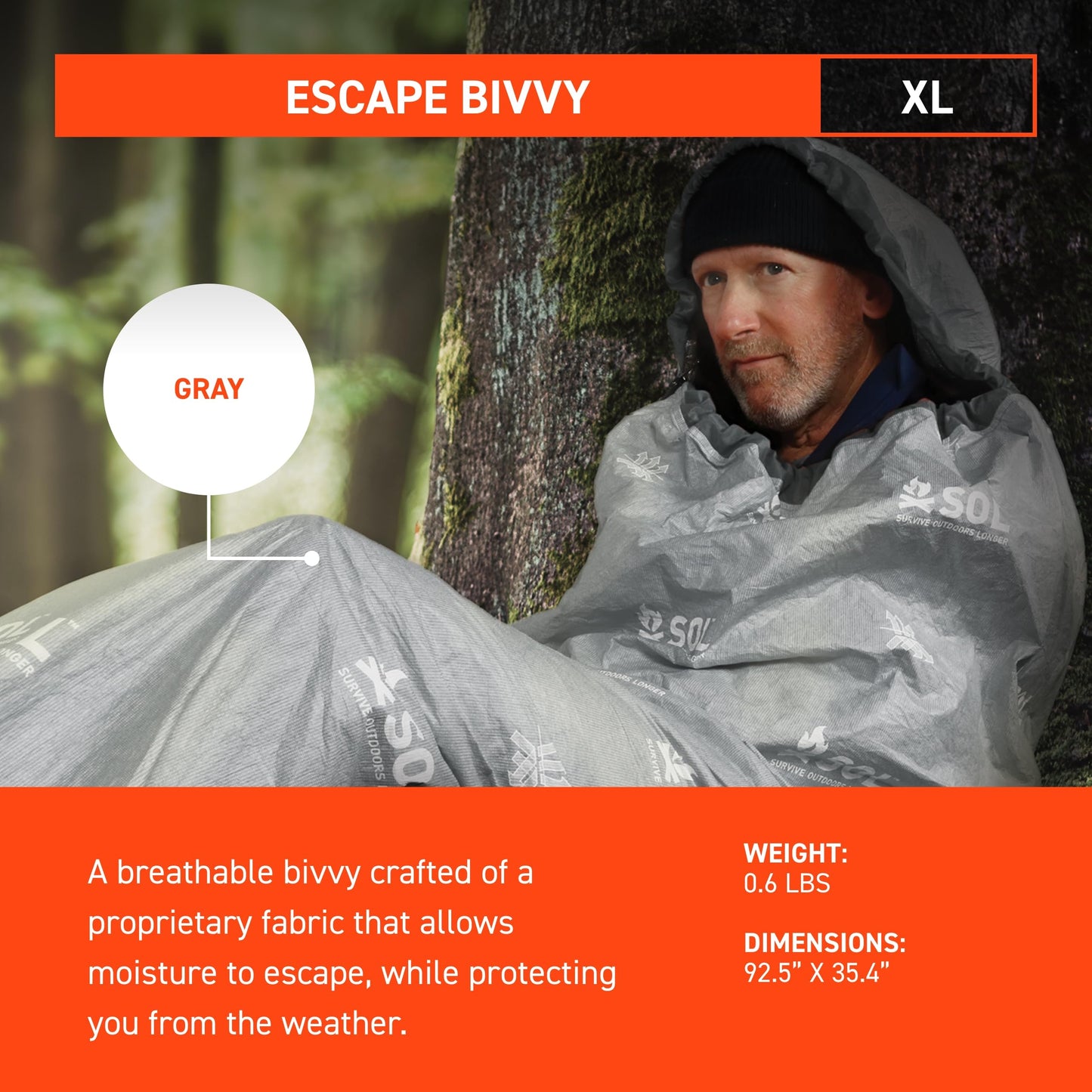 SOL Escape Bivvy with Hood - Emergency Preparedness Blanket - Reflects Up to 70% Body Heat - Outdoor Survival Shelter - Water Resistant - Durable & Breathable - Winter Camping Supplies - XL, Gray