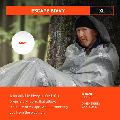 SOL Escape Bivvy with Hood - Emergency Preparedness Blanket - Reflects Up to 70% Body Heat - Outdoor Survival Shelter - Water Resistant - Durable & Breathable - Winter Camping Supplies - XL, Gray