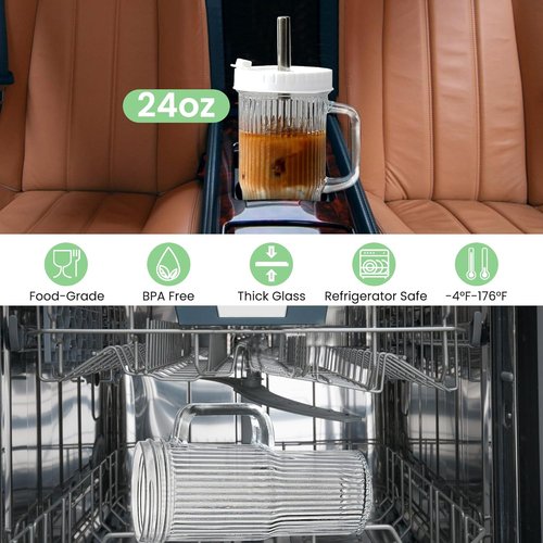 Birity 24oz Ribbed Glass Cup Set - Reusable Tumblers with Lids & Straws | Perfect for Iced Coffee, Juice & Tea