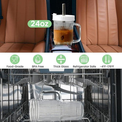 Birity 24oz Ribbed Glass Cup Set - Reusable Tumblers with Lids & Straws | Perfect for Iced Coffee, Juice & Tea