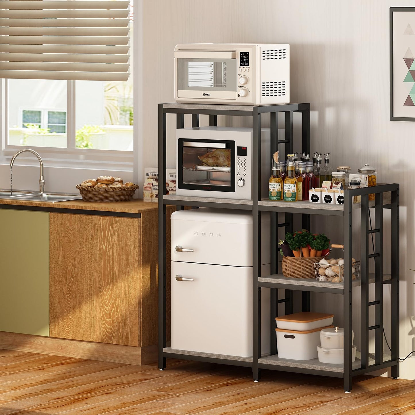 METYERRY6-Tier Adjustable Mini Fridge Cabinet With Power Outlet,Kitchen Bakers Rack With storage,Mini Fridge And Microwave Stand,Coffee Bar, Free Standing Shelf for Kitchen, Home Office,Balcony,Greige