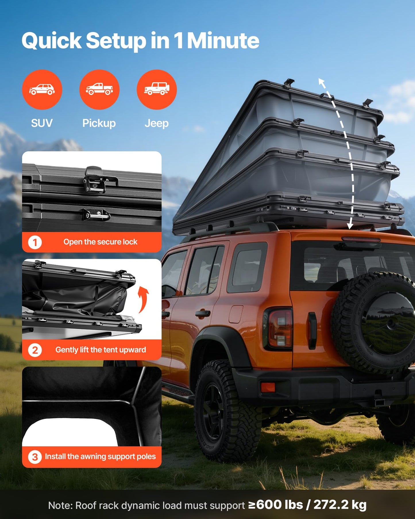 VEVOR Rooftop Tent Hard Shell, 2-3 Person Aluminum Roof Top Tent Hardshell with Tri-Color LED Light, Thick Mattress & 1 Window, Waterproof Windproof Overland Camping Car Roof Rack for Jeep SUV Pickup