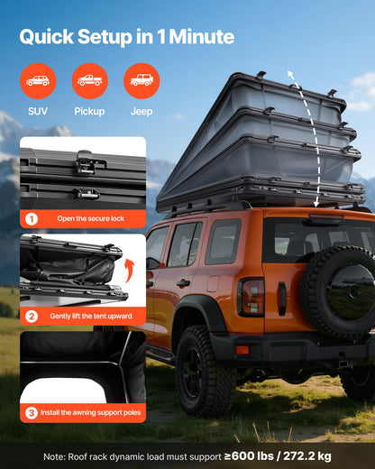 VEVOR Rooftop Tent Hard Shell, 2-3 Person Aluminum Roof Top Tent Hardshell with Tri-Color LED Light, Thick Mattress & 1 Window, Waterproof Windproof Overland Camping Car Roof Rack for Jeep SUV Pickup