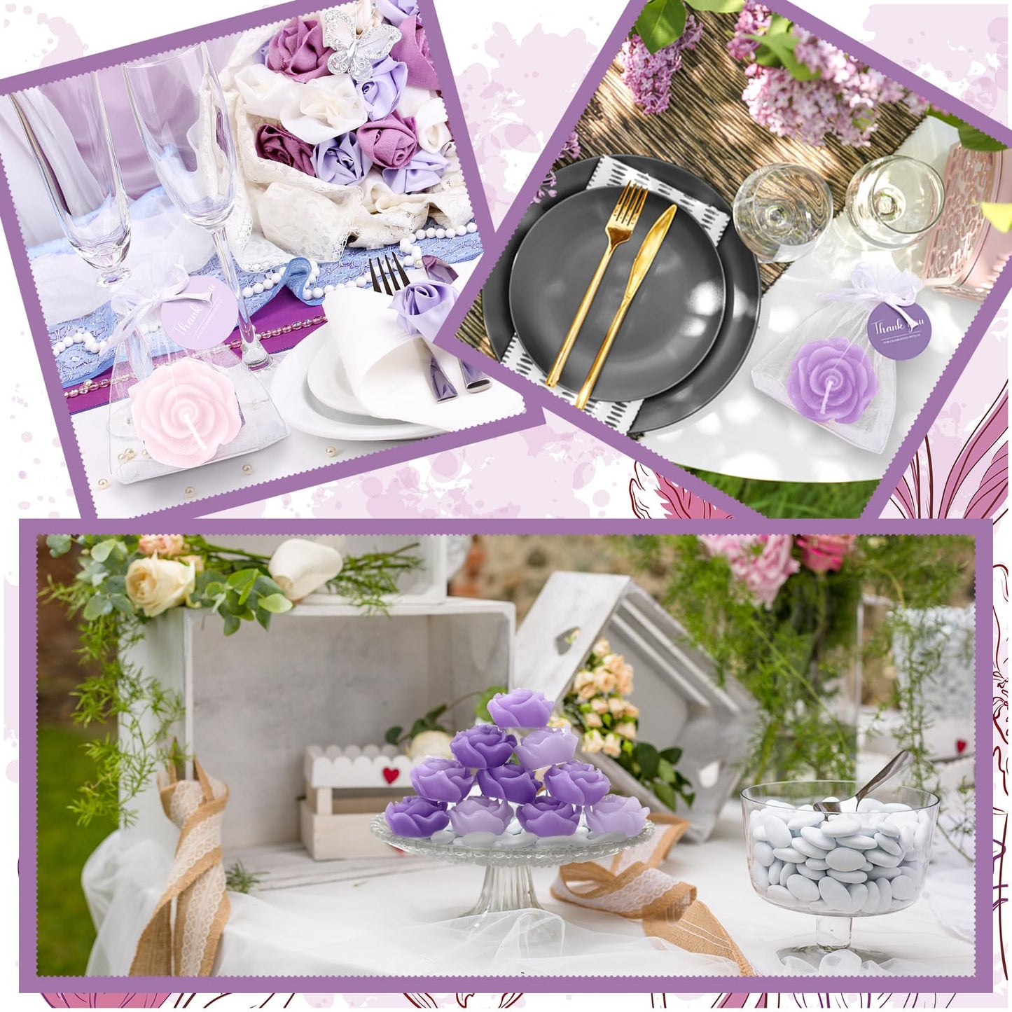 Treela 50 Set Flower Candles Wedding Favor for Guests Mini Purple Rose Shaped Tealight Candles for Return Gift Wedding Birthday Bridal Shower Housewarming Party