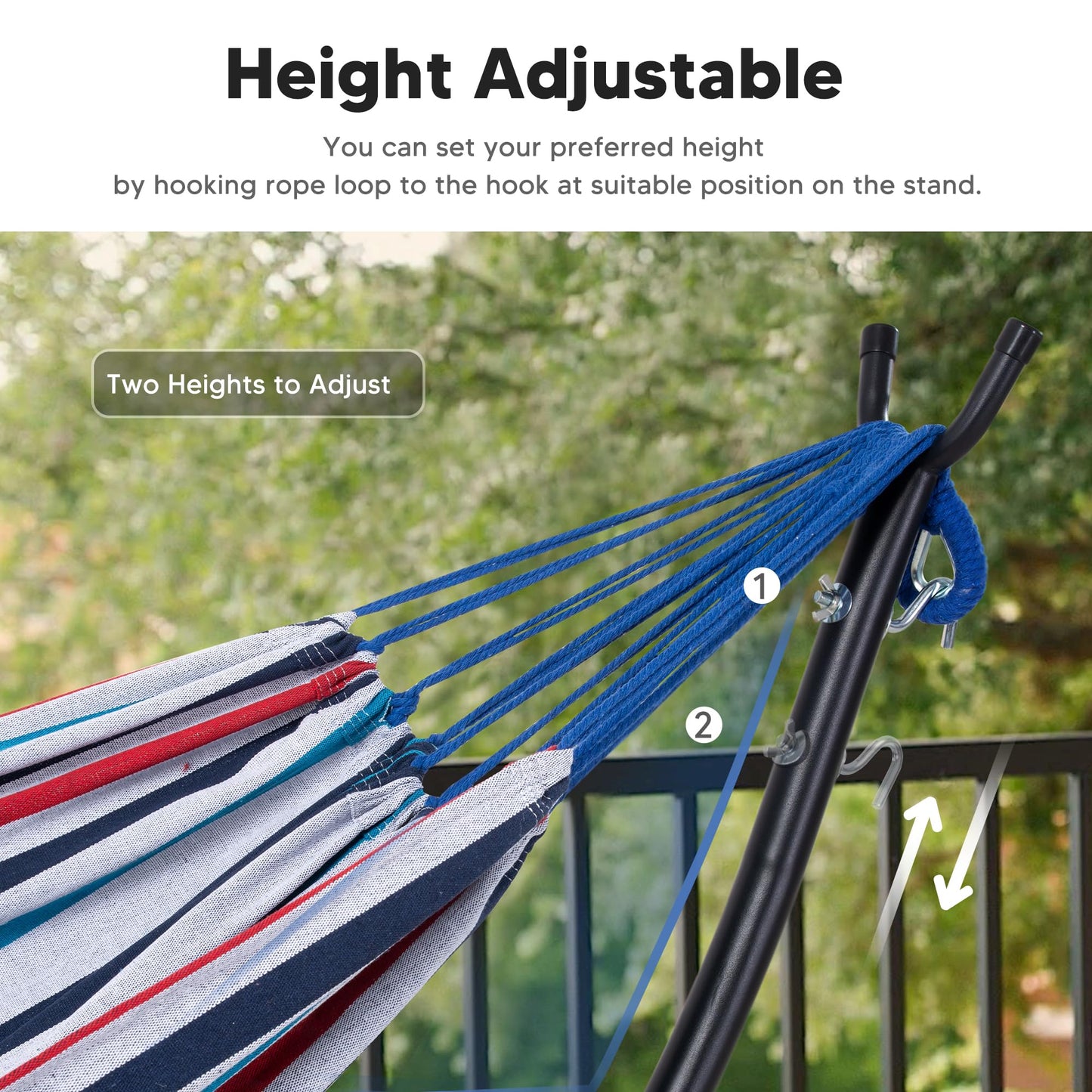 SUNCREAT Hammocks for Outside with Stand, Porch Hammock and Stand, 475 lbs Capacity, Blue & Red Stripes