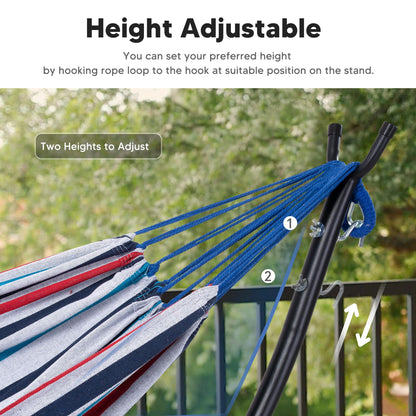 SUNCREAT Hammocks for Outside with Stand, Porch Hammock and Stand, 475 lbs Capacity, Blue & Red Stripes