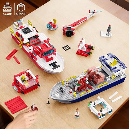 City Floating Boats Building Set Police Boat and Fire Rescue Boat Compatible with Lego Ship City STEM Building Toys Ideal Gift for Kids Boys Girls 6 7 8 9 10 11 12