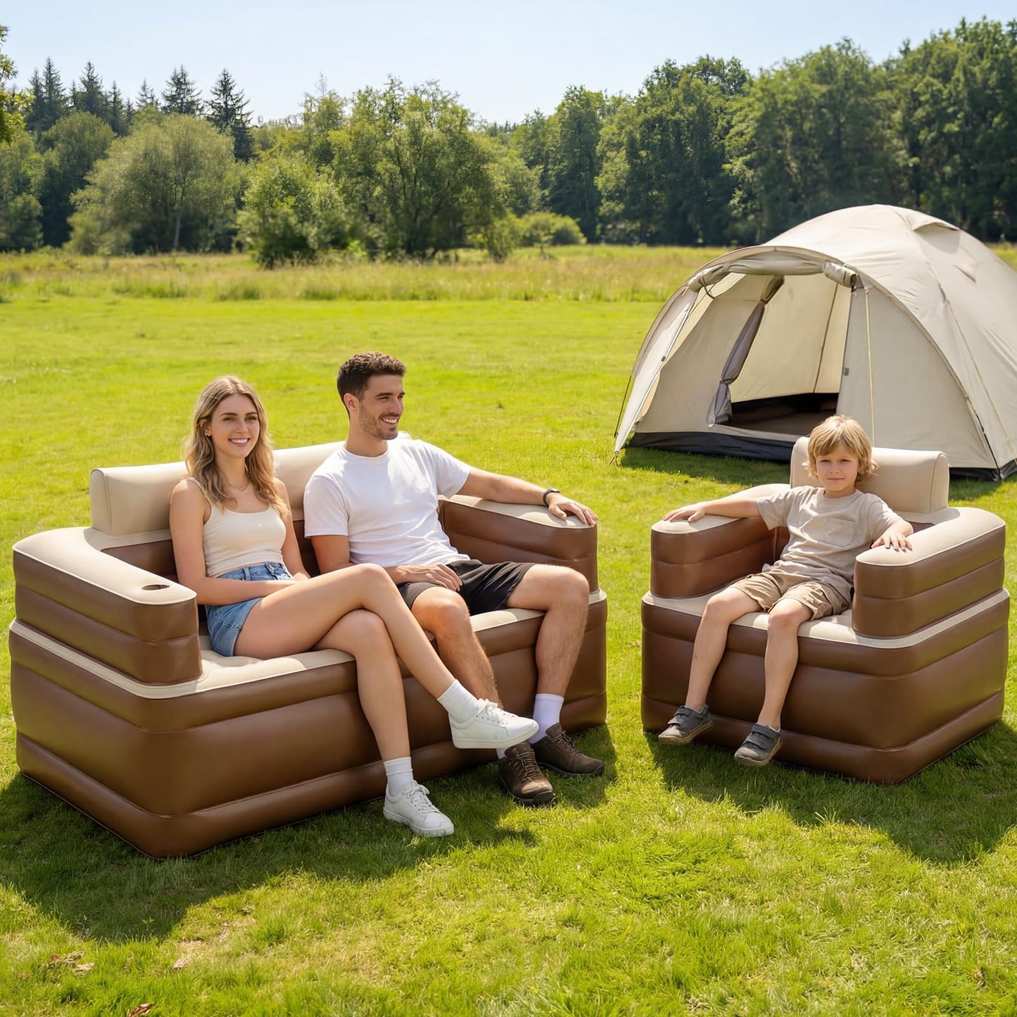 LANMOUNTAIN Inflatable Couch Set with Cup Holders & Pump, Velvety Air Sofa (1 Loveseat 60"x32"x34" & 1 Chair 41"x32"x34") for Camping & Home