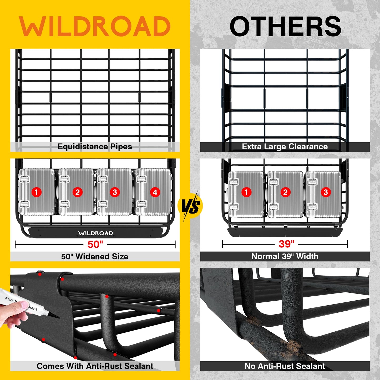 Wildroad Roof Rack Cargo Basket, Upgraded 4” Fence Wide Car Roof Basket, 64"x 50"x 4" Universal Car Top Carrier Basket with Super Duty Bungee Cargo Net and Ratchet Straps Fits for SUV Truck Cars